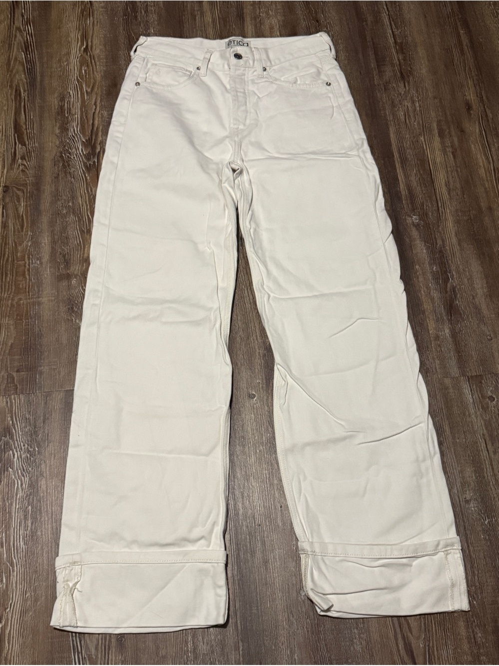 Etica Stanton High Rise Cuffed Jeans Women's 25 Button Fly in Off White Wash